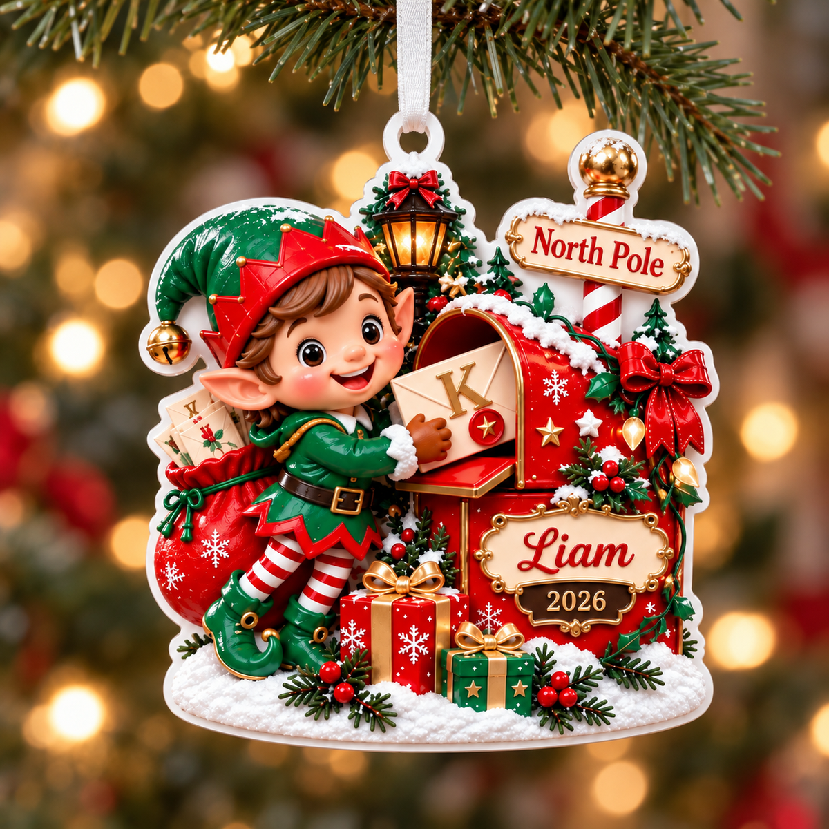 Christmas Elf at North Pole Mailbox Acrylic Holiday Keepsake - 3D Relief Ornament