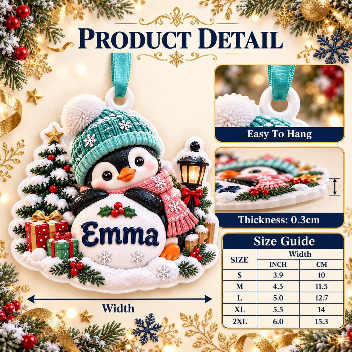 Winter Penguin with Christmas Tree and Streetlamp Holiday Keepsake - 3D Relief Ornament