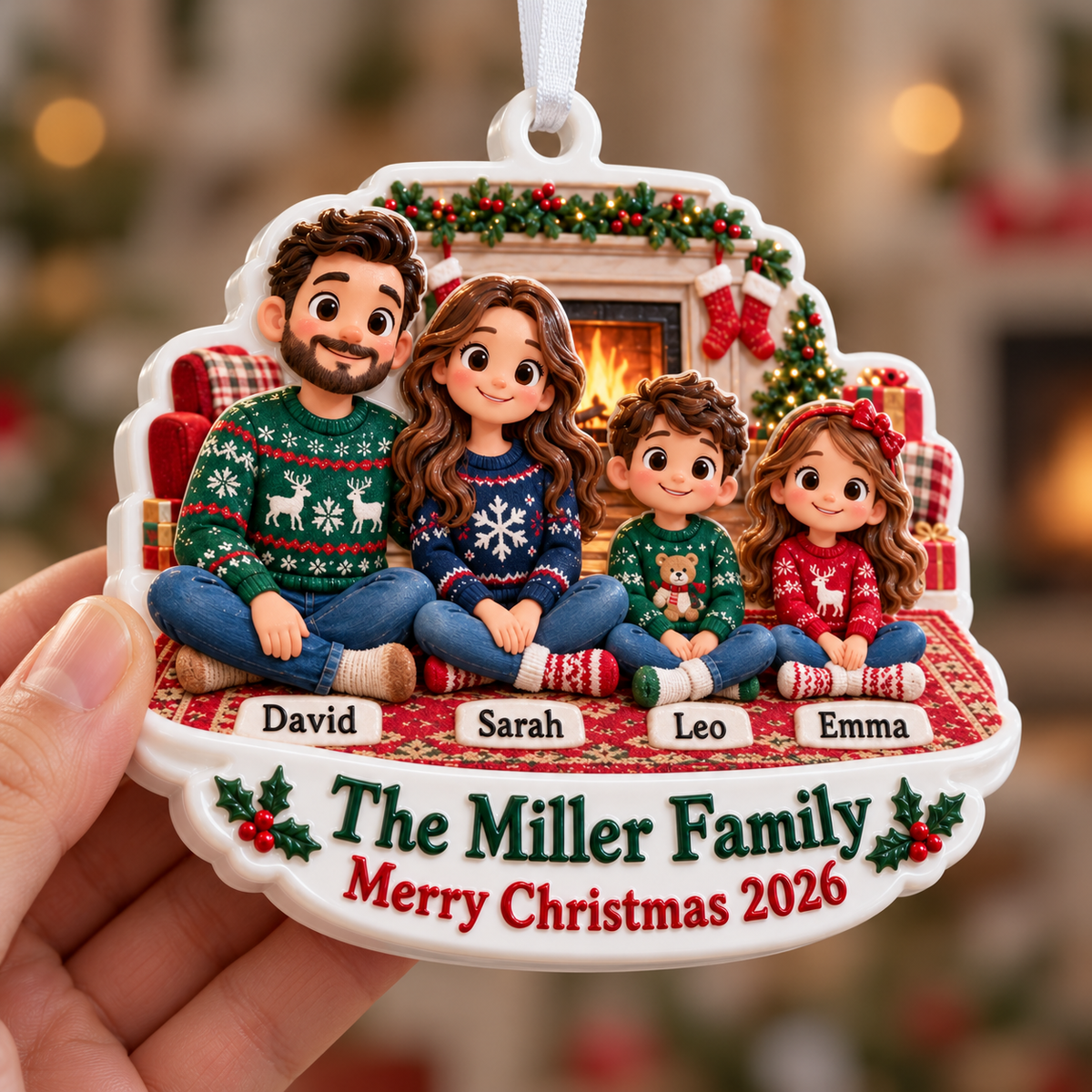 Family of Four by the Fireplace Cartoon Holiday Keepsake - 3D Relief Ornament