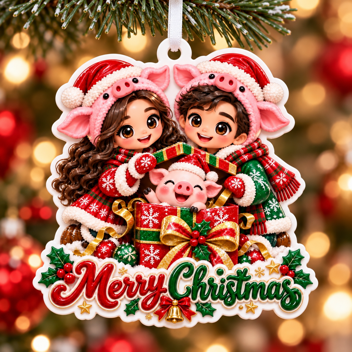 Pig Hat Couple with Piglet Gift Box Merry Christmas Acrylic Tree Hanging - 3D Relief Ornament