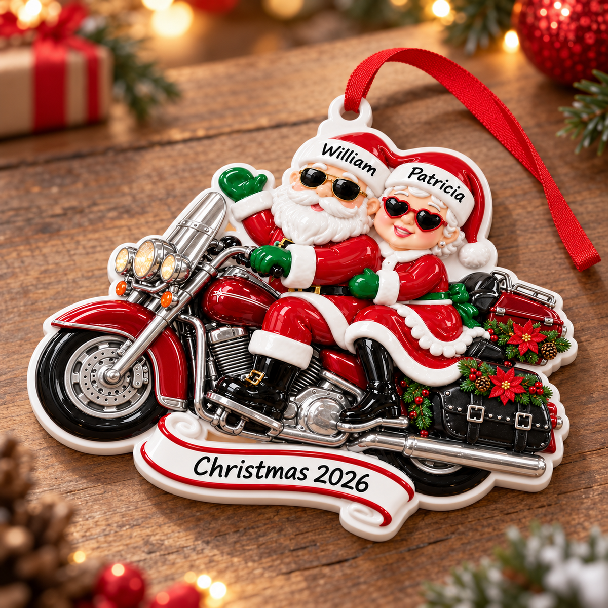 Motorcycle Riding Santa and Mrs Claus Christmas Tree Hanging Decoration - 3D Relief Ornament