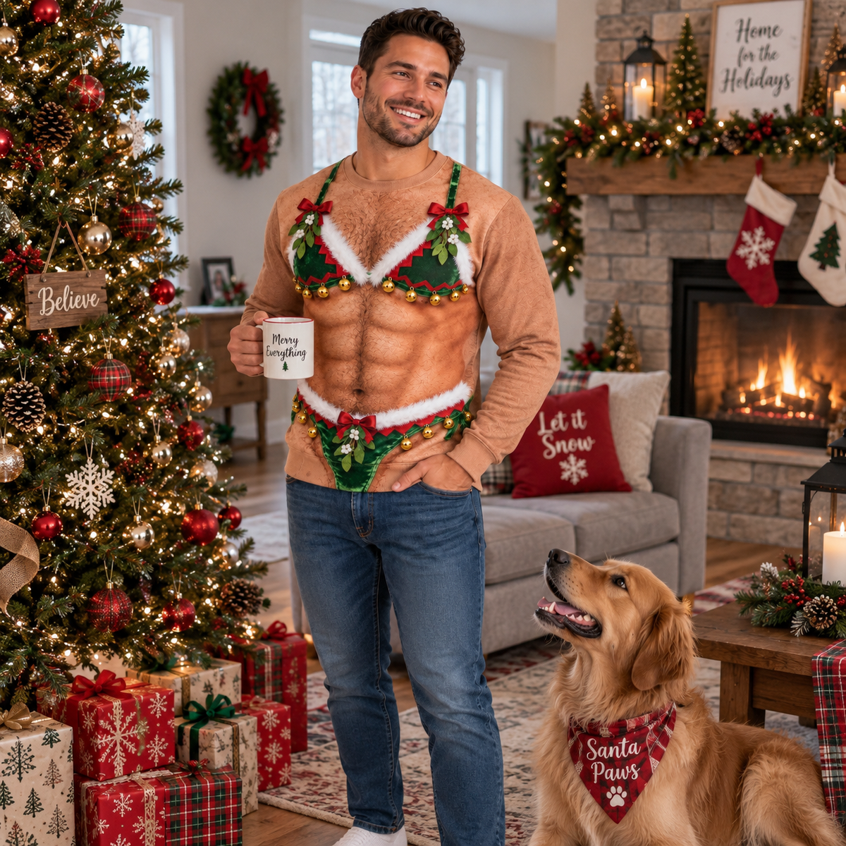 Hairy Chest Christmas Sweatshirt Fake Abs Novelty Holiday Pullover