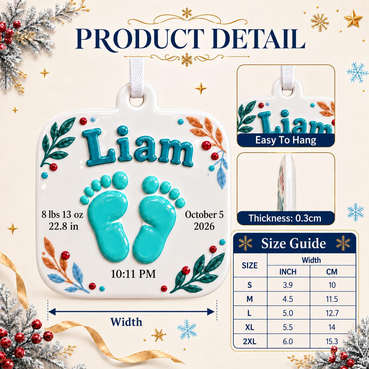 Baby Footprint Birth Stats Hanging Keepsake, Newborn White Holiday Plaque - 3D Relief Ornament