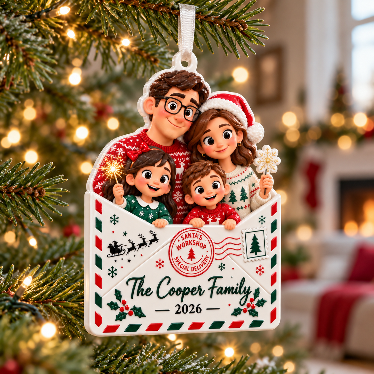 Cartoon Family of Four in Christmas Letter Envelope Hanging Keepsake - 3D Relief Ornament
