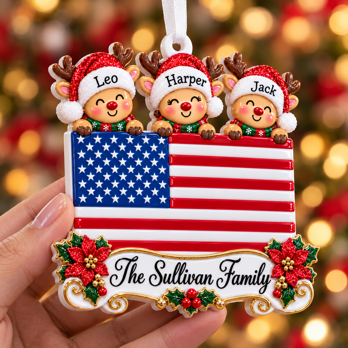 American Flag Family of 3 Reindeer Holiday Tree Hanging Decor - 3D Relief Ornament