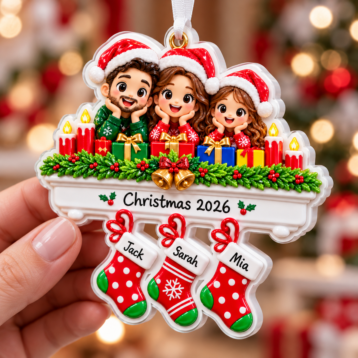 Family of 3 Christmas Fireplace Stockings Holiday Tree Decoration - 3D Relief Ornament