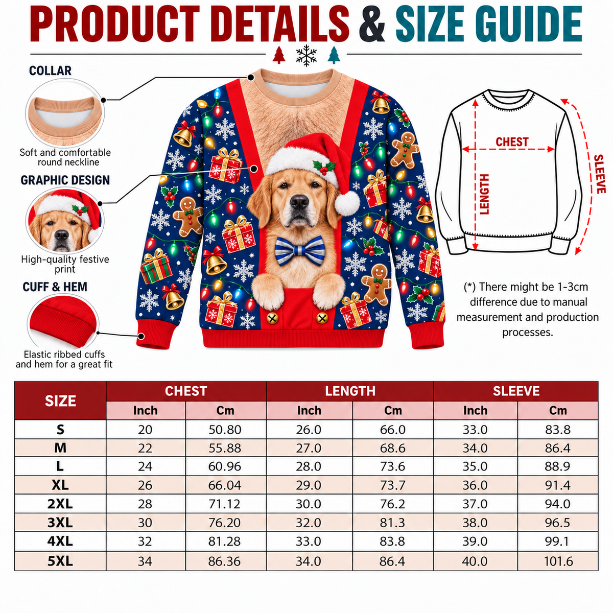 Golden Retriever Ugly Christmas Sweatshirt Faux Hairy Chest Pullover