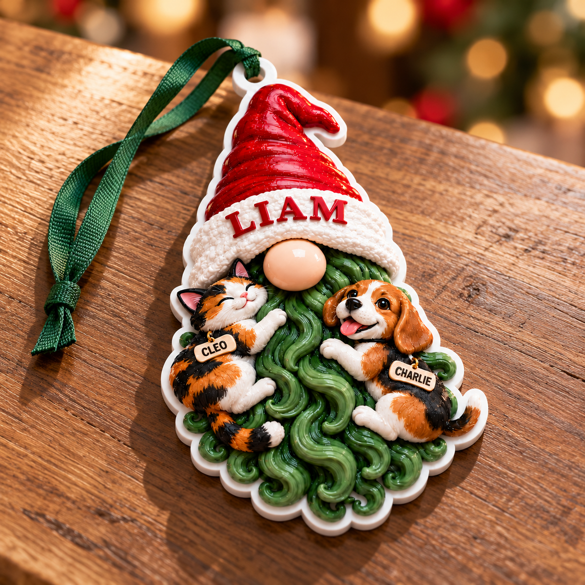 Christmas Gnome with Calico Cat and Beagle Dog Hanging Holiday Decoration - 3D Relief Ornament