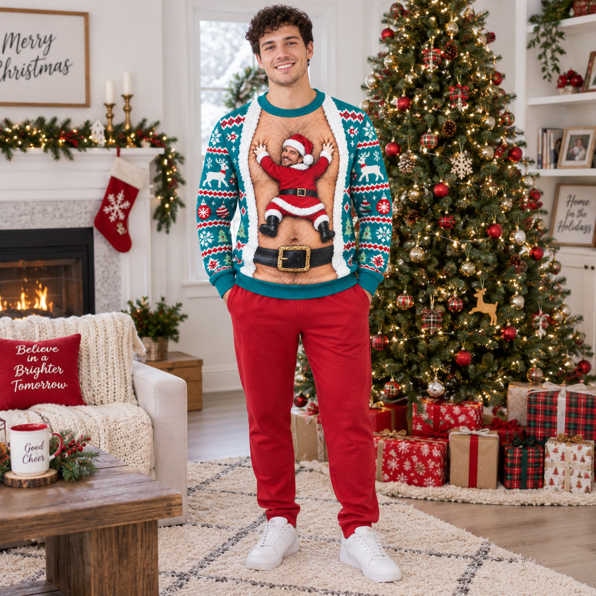 Funny Christmas Sweatshirt Hairy Chest Santa Faux Cardigan Crewneck