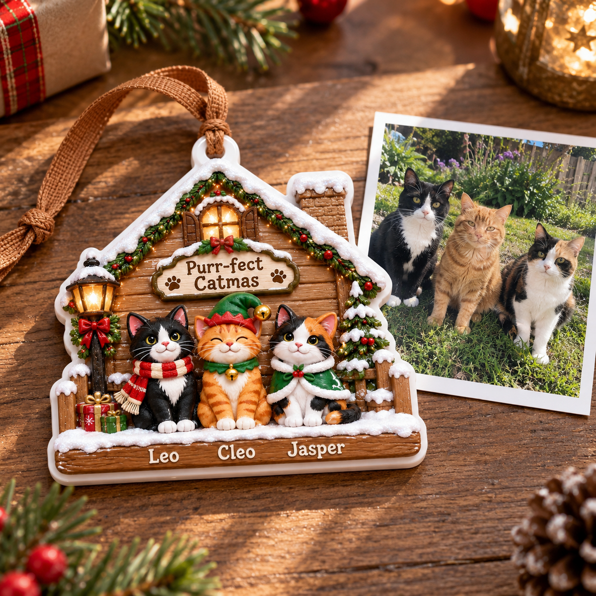 Cat Christmas Cabin Porch Holiday Keepsake Wooden Winter House - 3D Relief Ornament