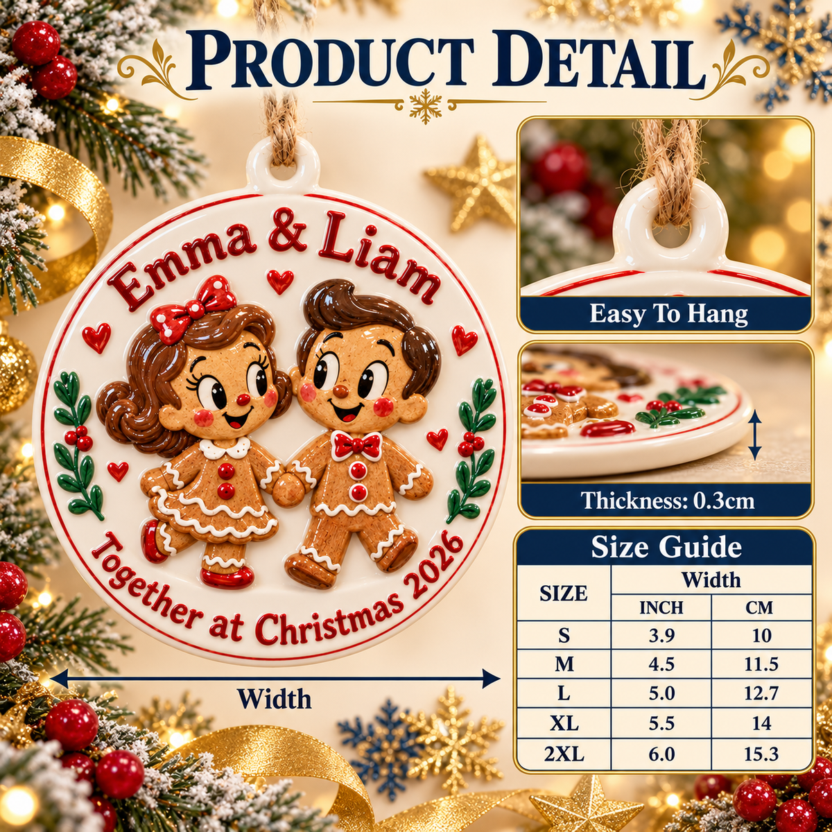 Gingerbread Couple Round Ceramic Christmas Keepsake Medallion - 3D Relief Ornament