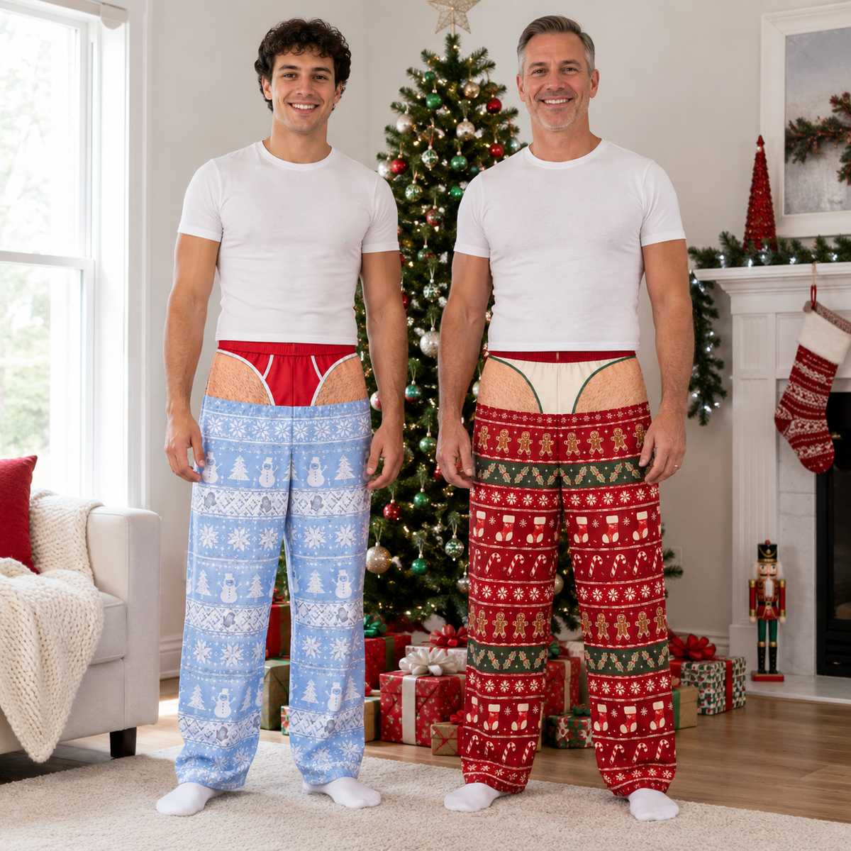 Men's Christmas Pajama Pants, Gag Underwear Print Holiday Loungewear