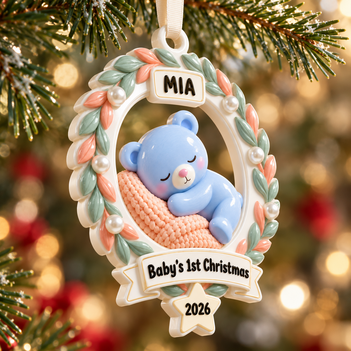 Baby First Christmas Round Picture Frame with Pastel Foliage Wreath - 3D Relief Ornament