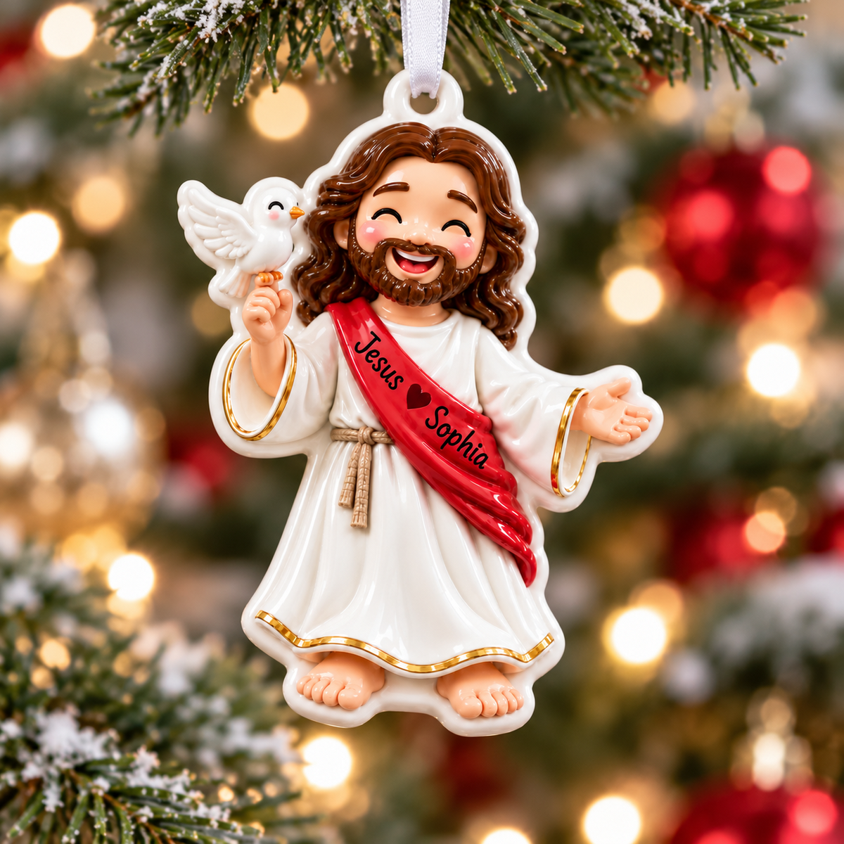 Cartoon Jesus Holding White Dove Ceramic Style Holiday Keepsake - 3D Relief Ornament