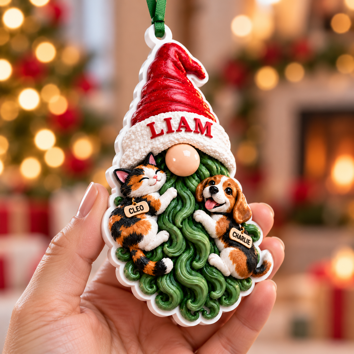 Christmas Gnome with Calico Cat and Beagle Dog Hanging Holiday Decoration - 3D Relief Ornament