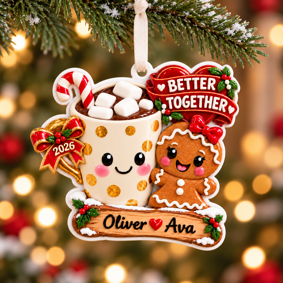 Hot Cocoa Mug and Gingerbread Couple Better Together Holiday Keepsake - 3D Relief Ornament
