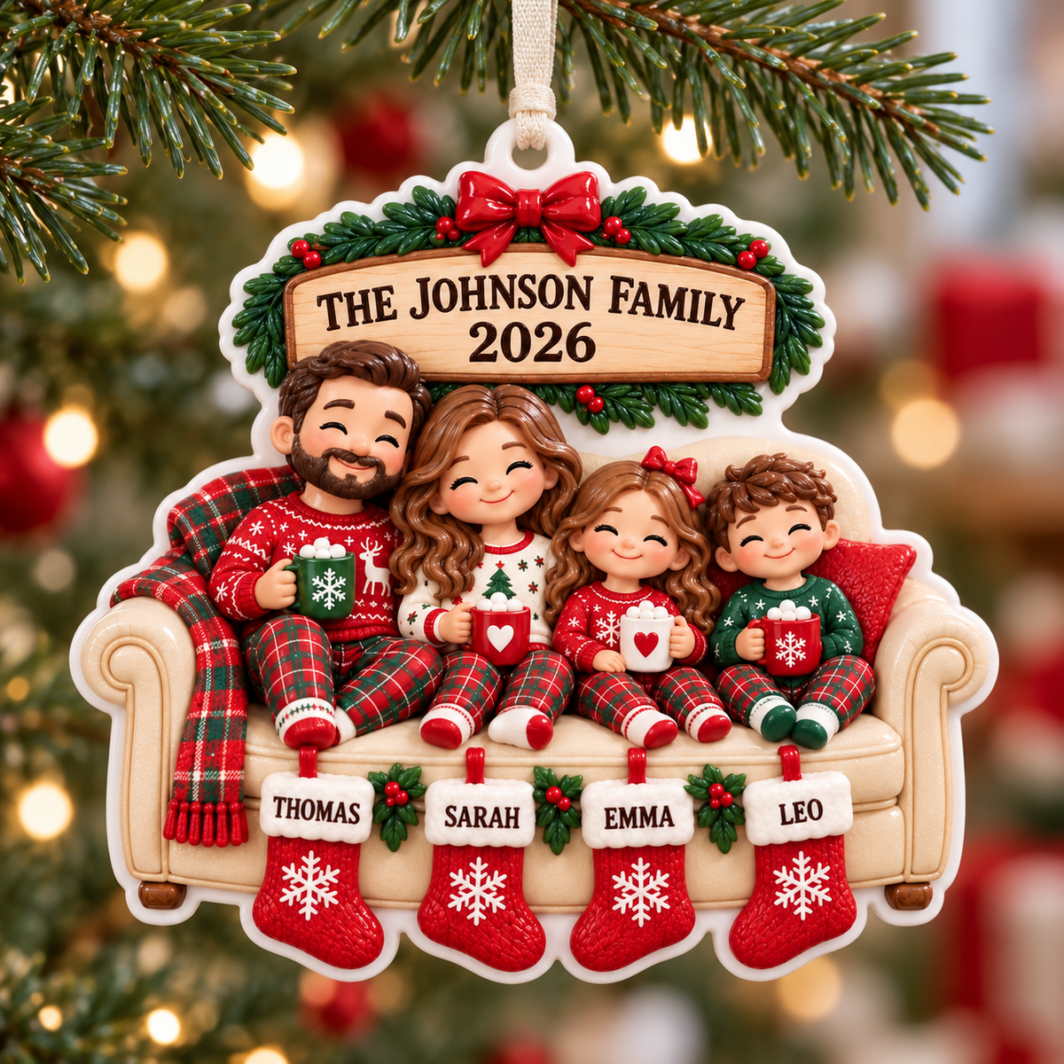 Family of 4 on Sofa with Christmas Stockings Holiday Keepsake - 3D Relief Ornament