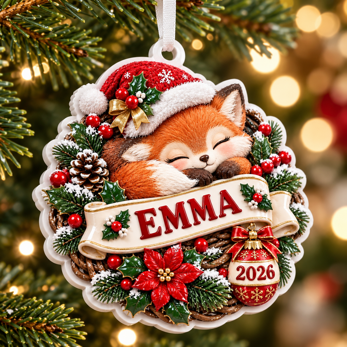 Sleeping Fox Wreath with Santa Hat Acrylic Christmas Keepsake - 3D Relief Ornament