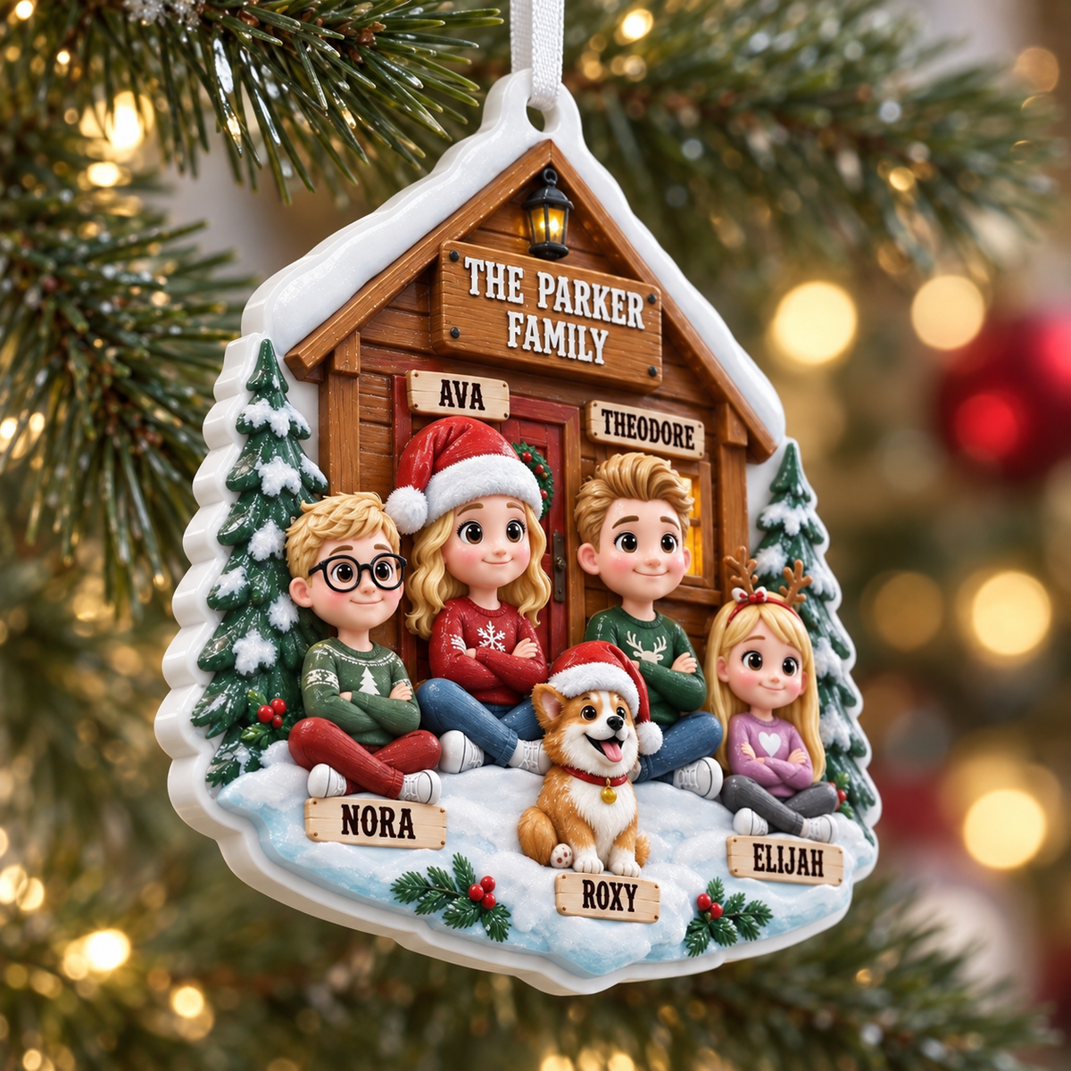 Family and Pet Dog Winter Log Cabin Christmas Tree Hanging Keepsake - 3D Relief Ornament
