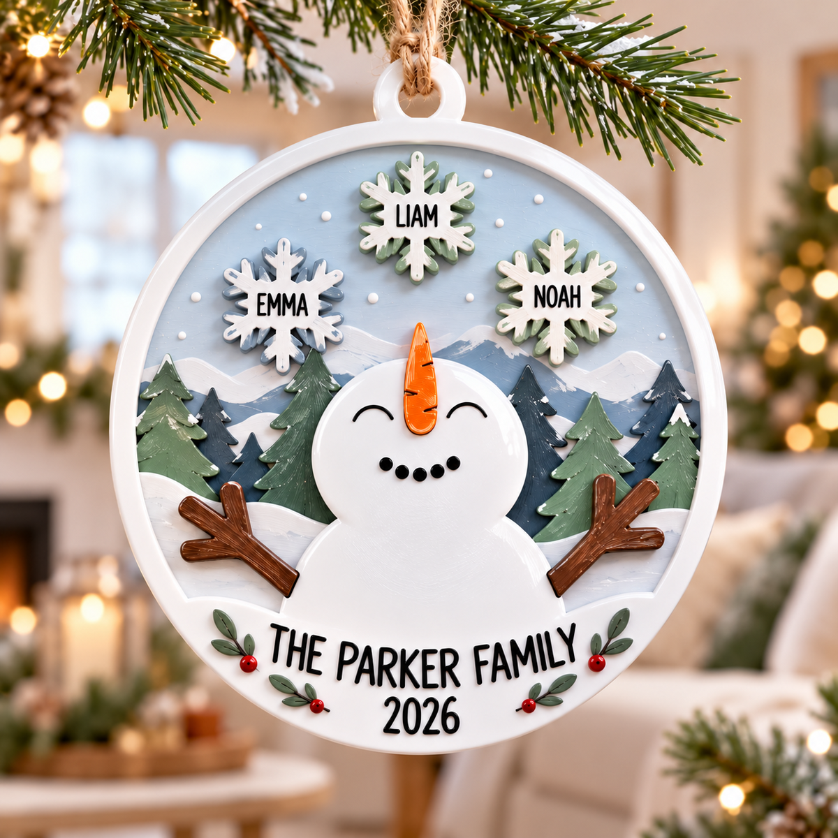 Snowman Family Winter Snowflakes Christmas Tree Hanging Decor, Round Pine Forest Scene - 3D Relief Ornament
