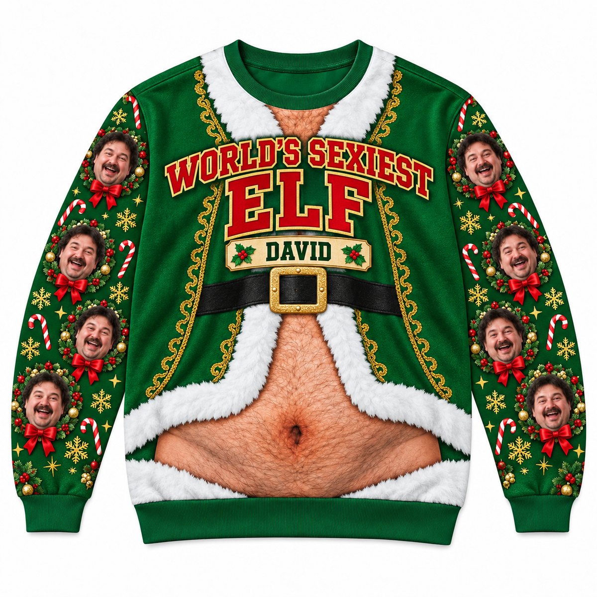 Funny Christmas Sweatshirt Hairy Belly Print Holiday Crewneck
