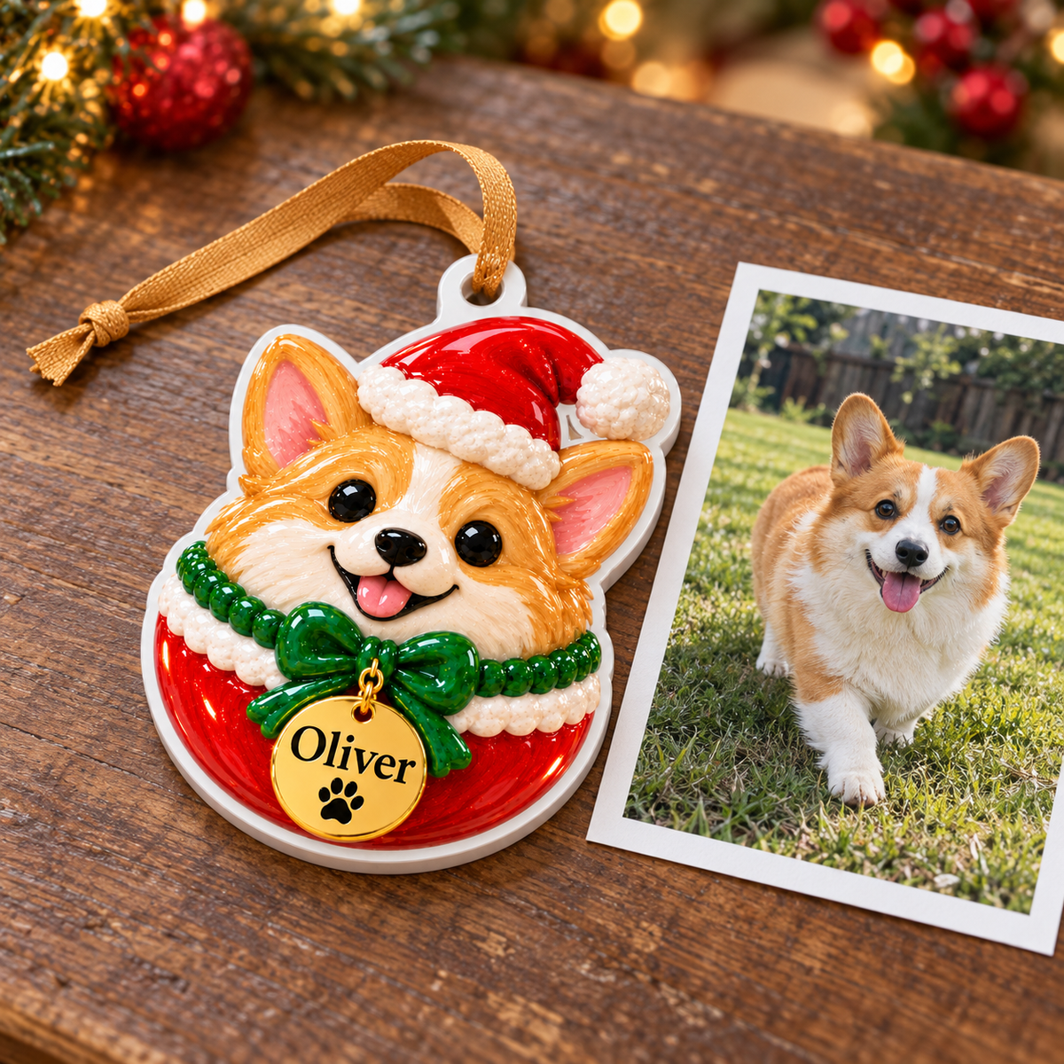 Corgi Dog in Santa Hat Christmas Tree Bauble Hanging Acrylic Keepsake - 3D Relief Ornament