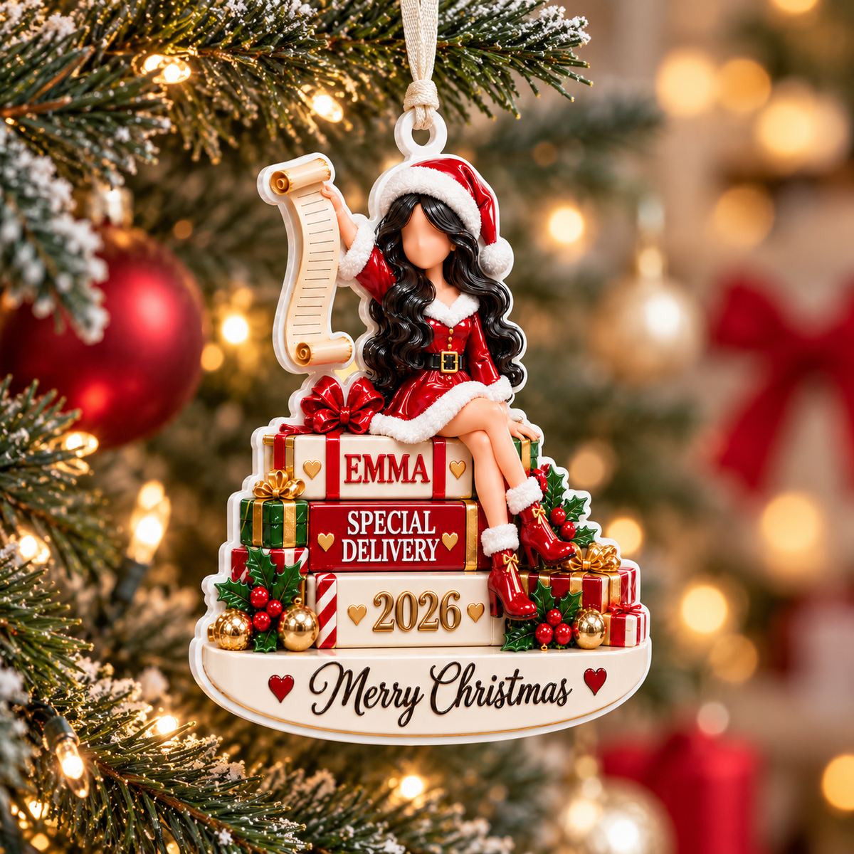 Christmas Girl on Gift Boxes Holiday Keepsake - 3D Relief Ornament