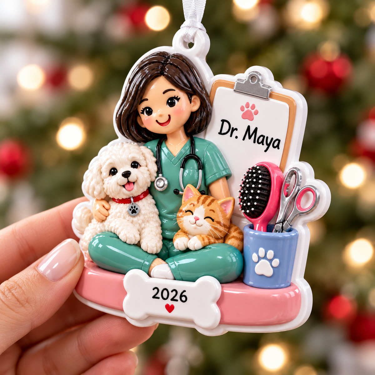 Female Veterinarian with Dog and Cat Resin Figurine Holiday Decor - 3D Relief Ornament