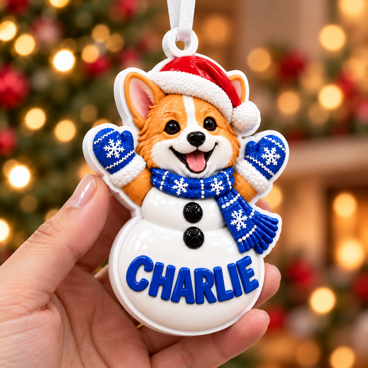 Corgi Dog Snowman with Blue Scarf and Santa Hat Acrylic Hanging Holiday Decor - 3D Relief Ornament