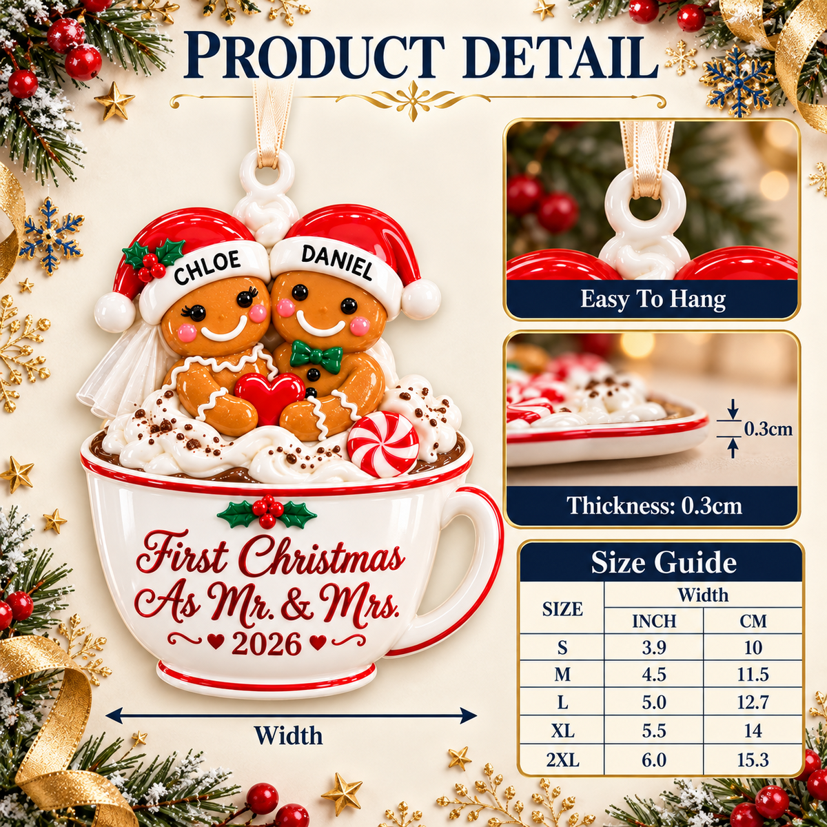Gingerbread Couple in Hot Cocoa Mug First Christmas as Mr & Mrs Holiday Keepsake - 3D Relief Ornament