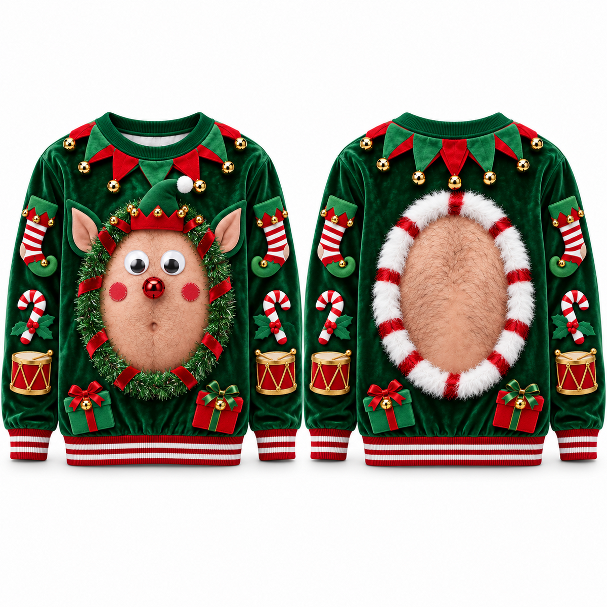 Funny Christmas Sweatshirt Hairy Belly Graphic Ugly Holiday Pullover