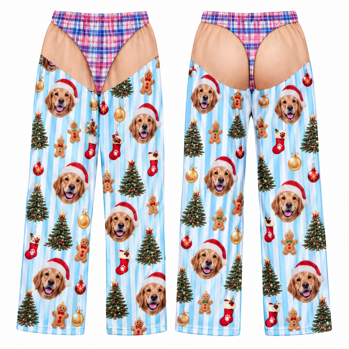 Christmas Pajama Pants with Thong Print and Holiday Dog Face Pattern