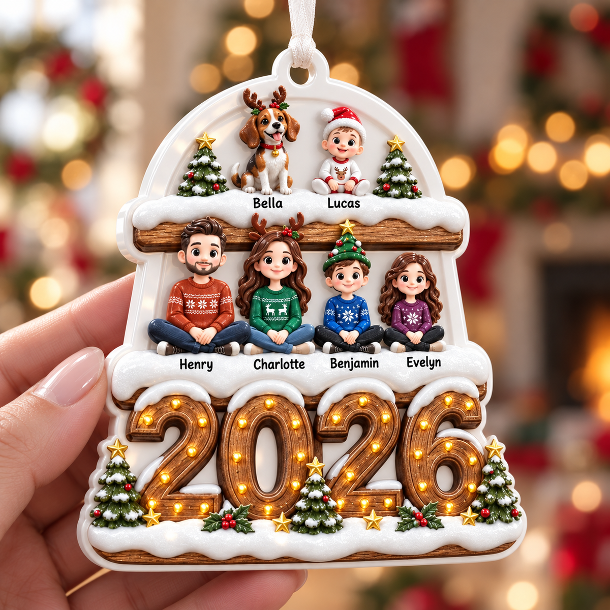Family of Five and Dog Christmas 2026 Tiered Snow Holiday Keepsake - 3D Relief Ornament