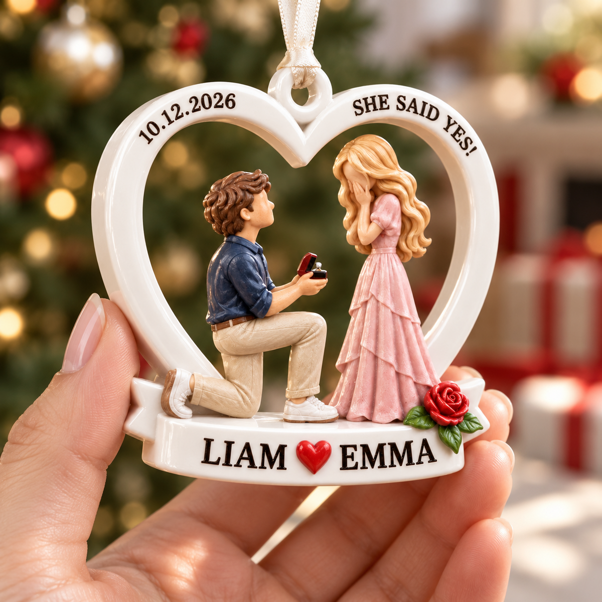 She Said Yes Engagement Heart Frame, White Ceramic Style with Red Rose - 3D Relief Ornament