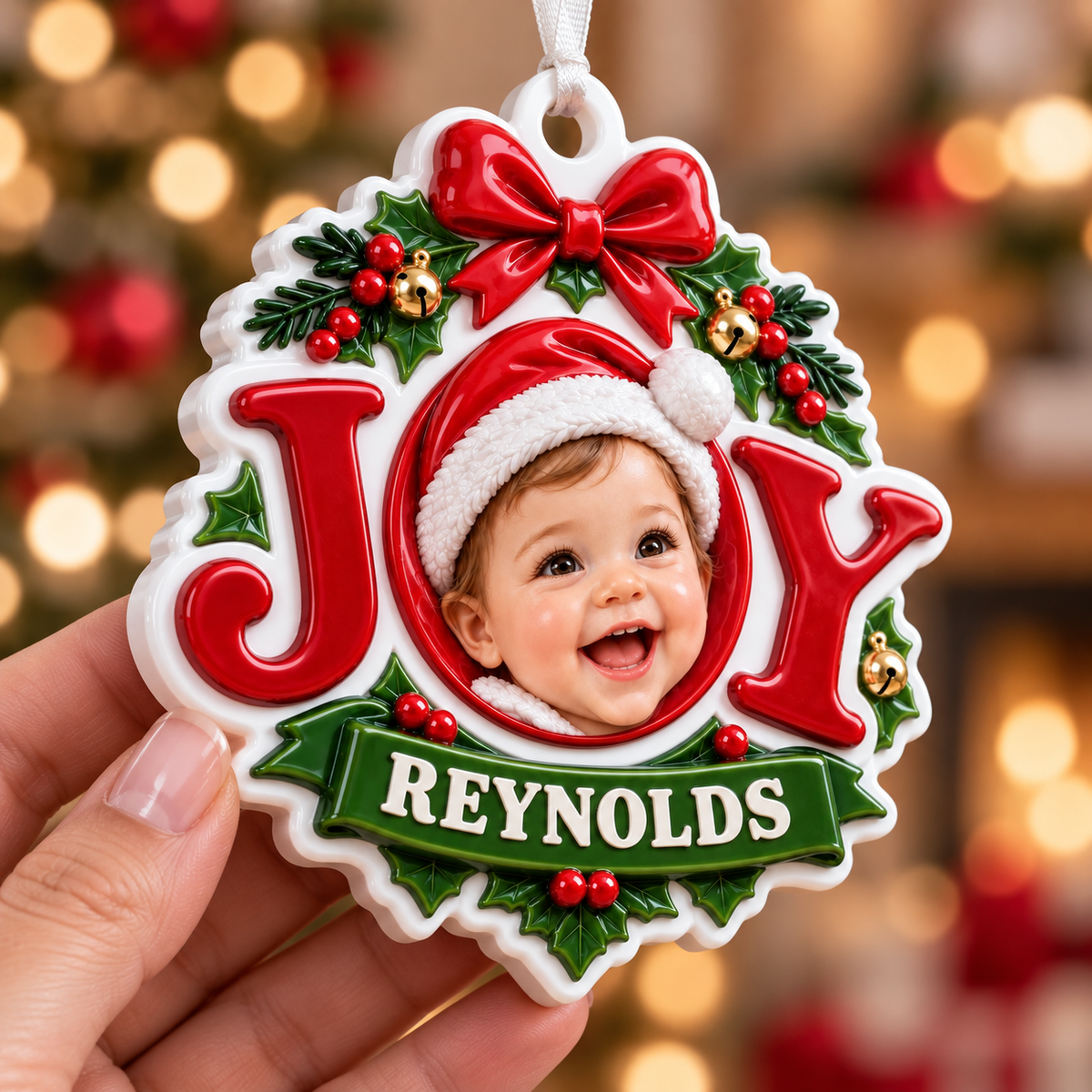 Christmas Joy Tree Hanging Frame Medallion with Red Ribbon Bow and Holly - 3D Relief Ornament