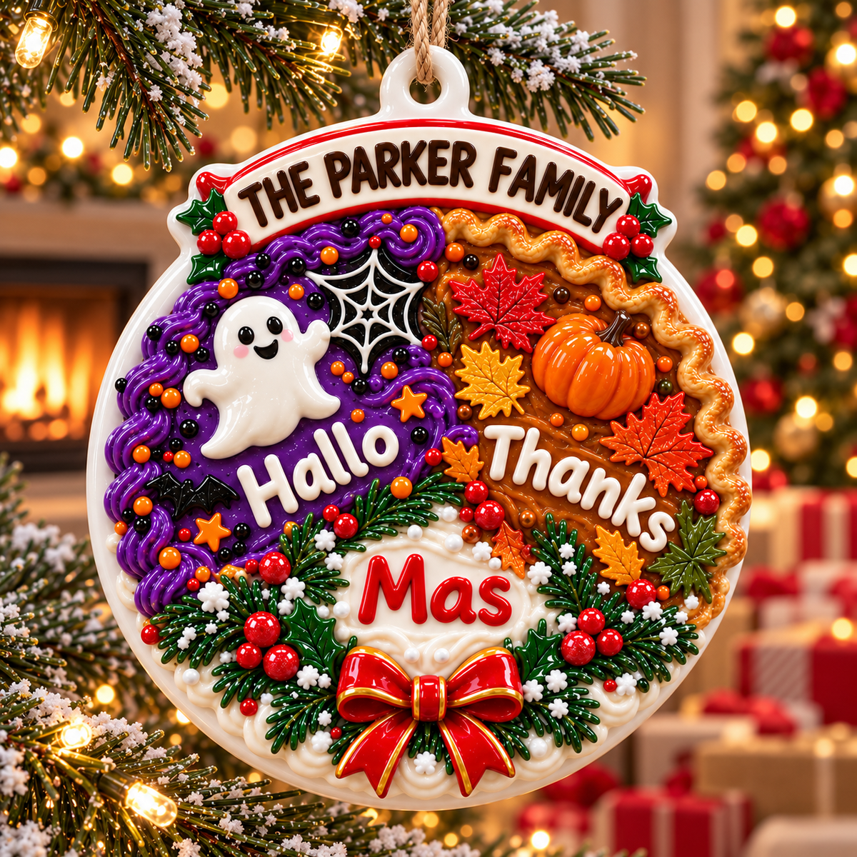 Hallo Thanks Mas Holiday Trio Hanging Medallion with Autumn Leaves and Ghost - 3D Relief Ornament