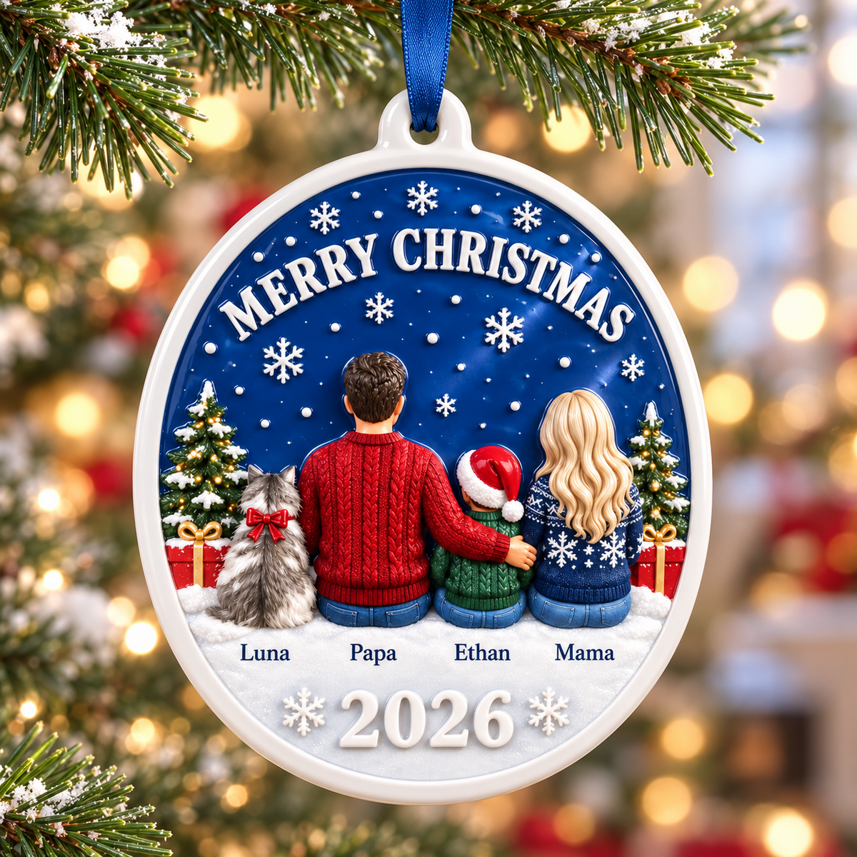 Family and Cat Christmas Hanging Medallion, Oval Blue Winter Sky Holiday Decor - 3D Relief Ornament