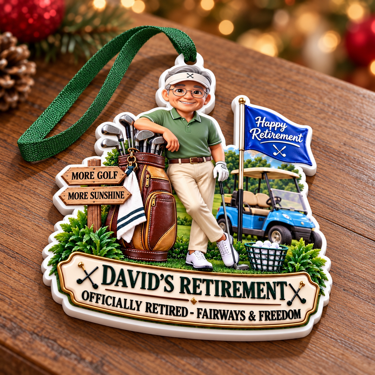 Happy Retirement Golfer with Cart and Bag Acrylic Hanging Keepsake - 3D Relief Ornament