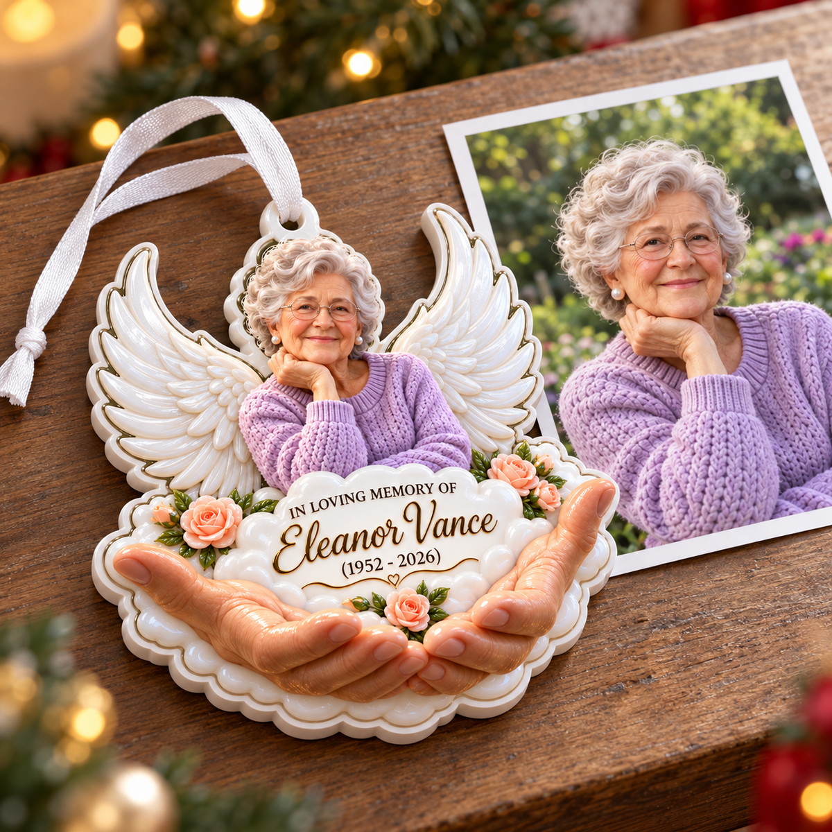 Memorial Angel Wings and Holding Hands Remembrance Keepsake - 3D Relief Ornament