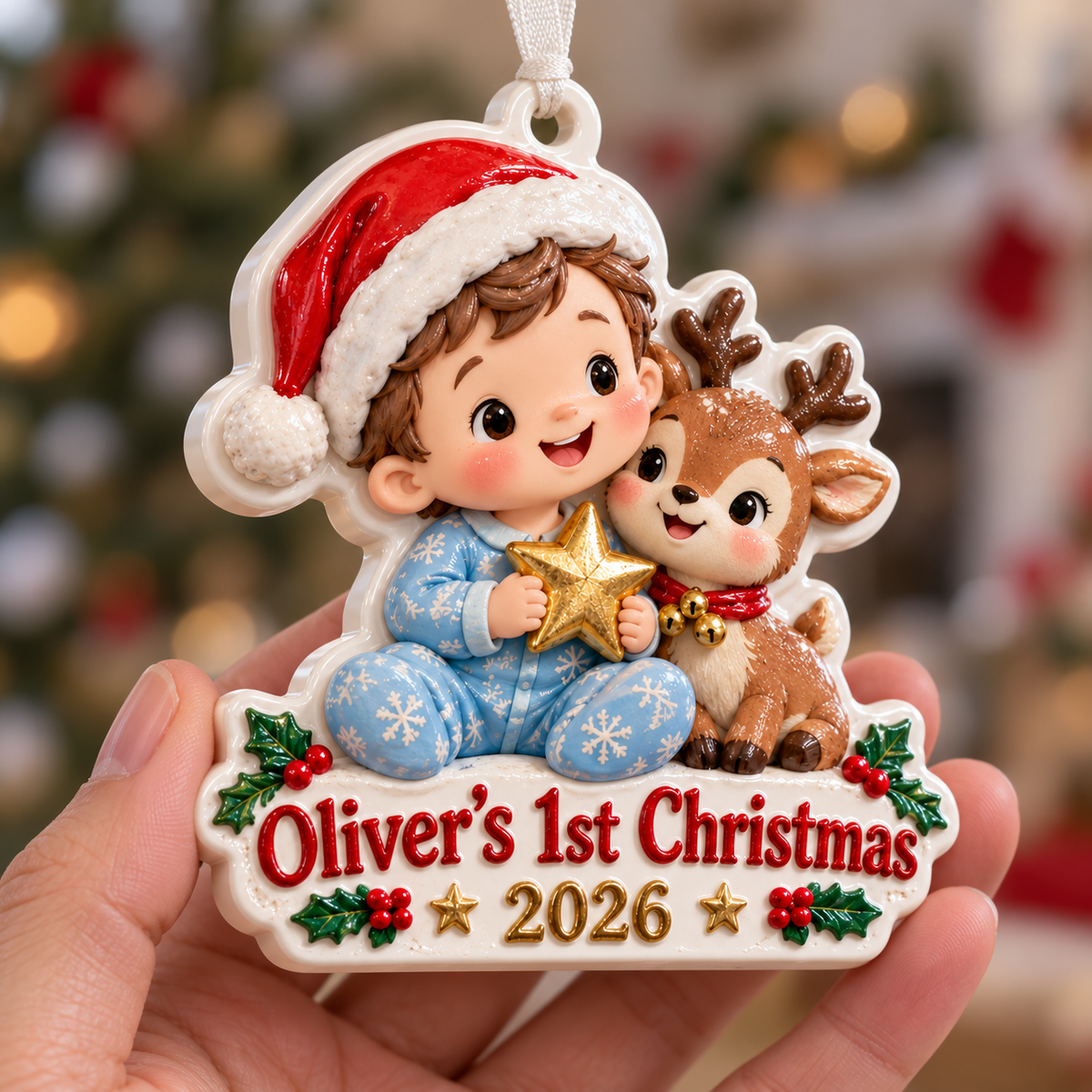 Baby Boy First Christmas Keepsake with Reindeer and Santa Hat - 3D Relief Ornament