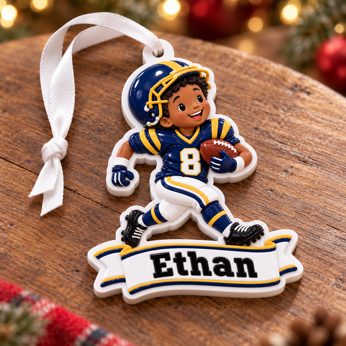 Youth Football Player Running with Ball Blue and Gold Sports - 3D Relief Ornament