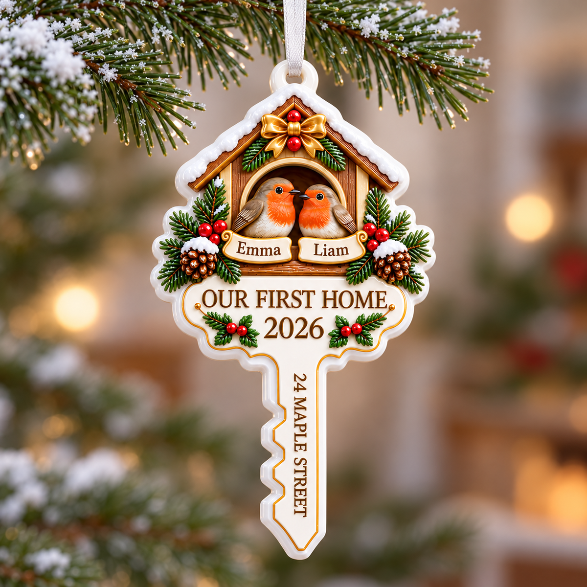 House Key First Home Robin Birds Nest Holiday Tree Keepsake - 3D Relief Ornament