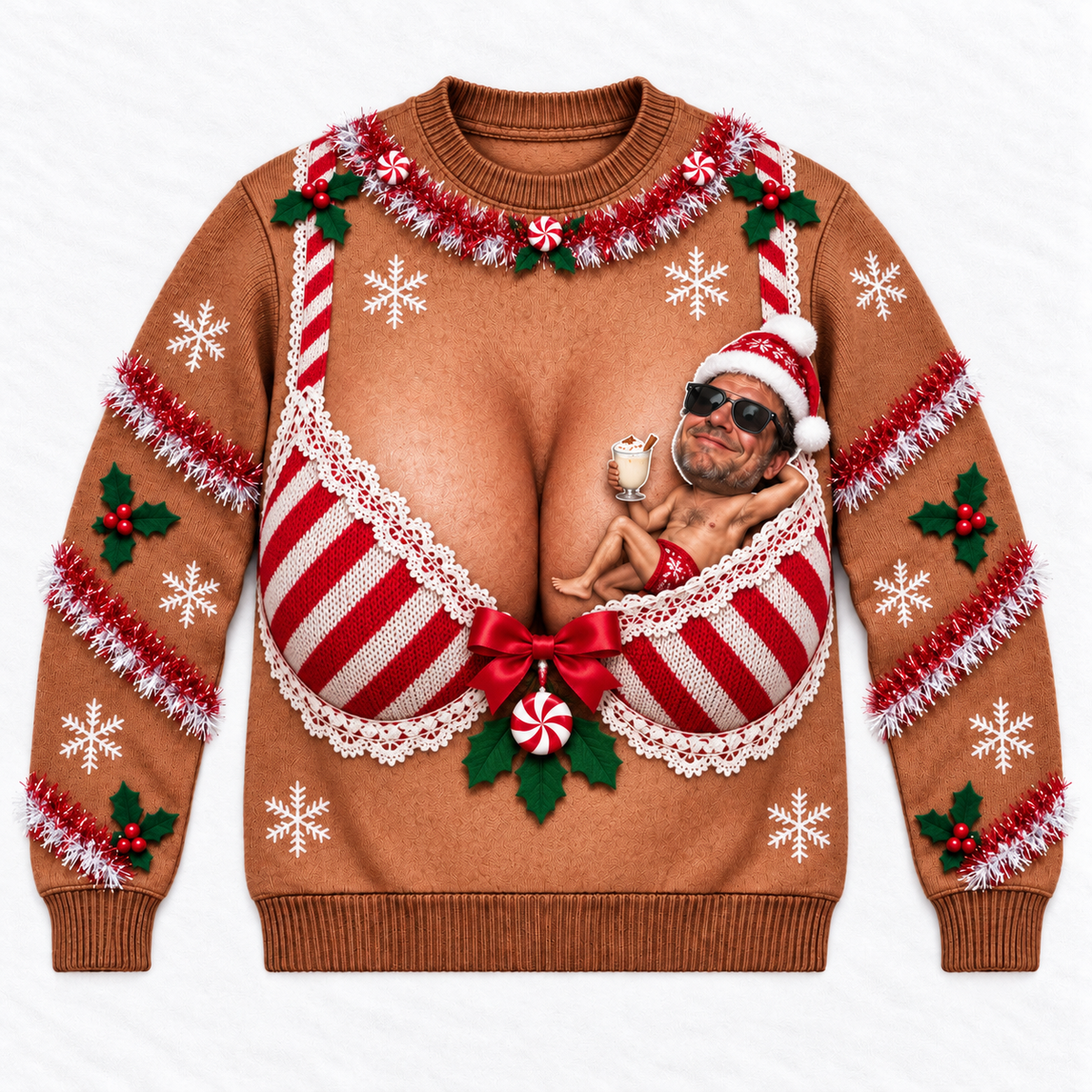 Funny Christmas Sweatshirt, Brown Novelty Plaid Bra Graphic Crewneck