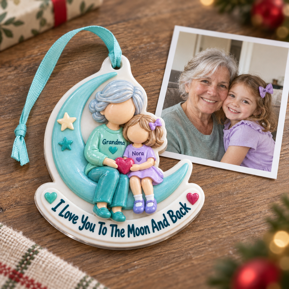 Grandmother and Granddaughter Crescent Moon Acrylic Hanging Keepsake, Teal Holiday Decor - 3D Relief Ornament