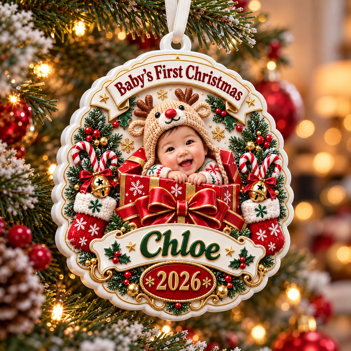 Baby's First Christmas Medallion Keepsake with Holiday Gift Box and Reindeer Hat - 3D Relief Ornament