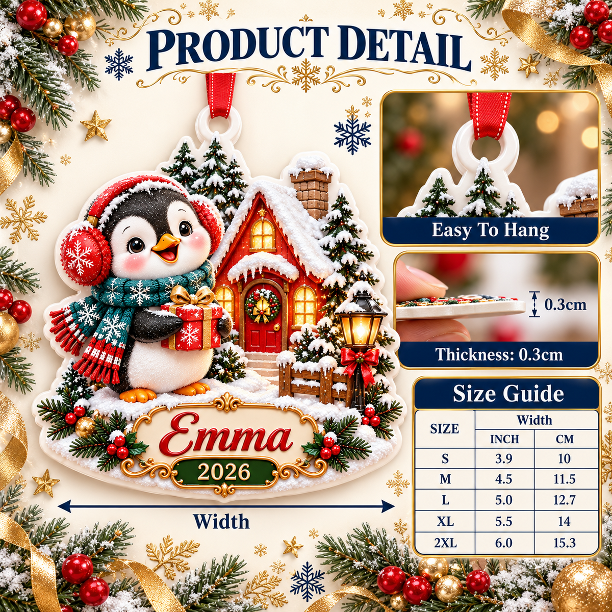 Winter Penguin and Snowy Cottage Holiday Tree Hanging Keepsake - 3D Relief Ornament