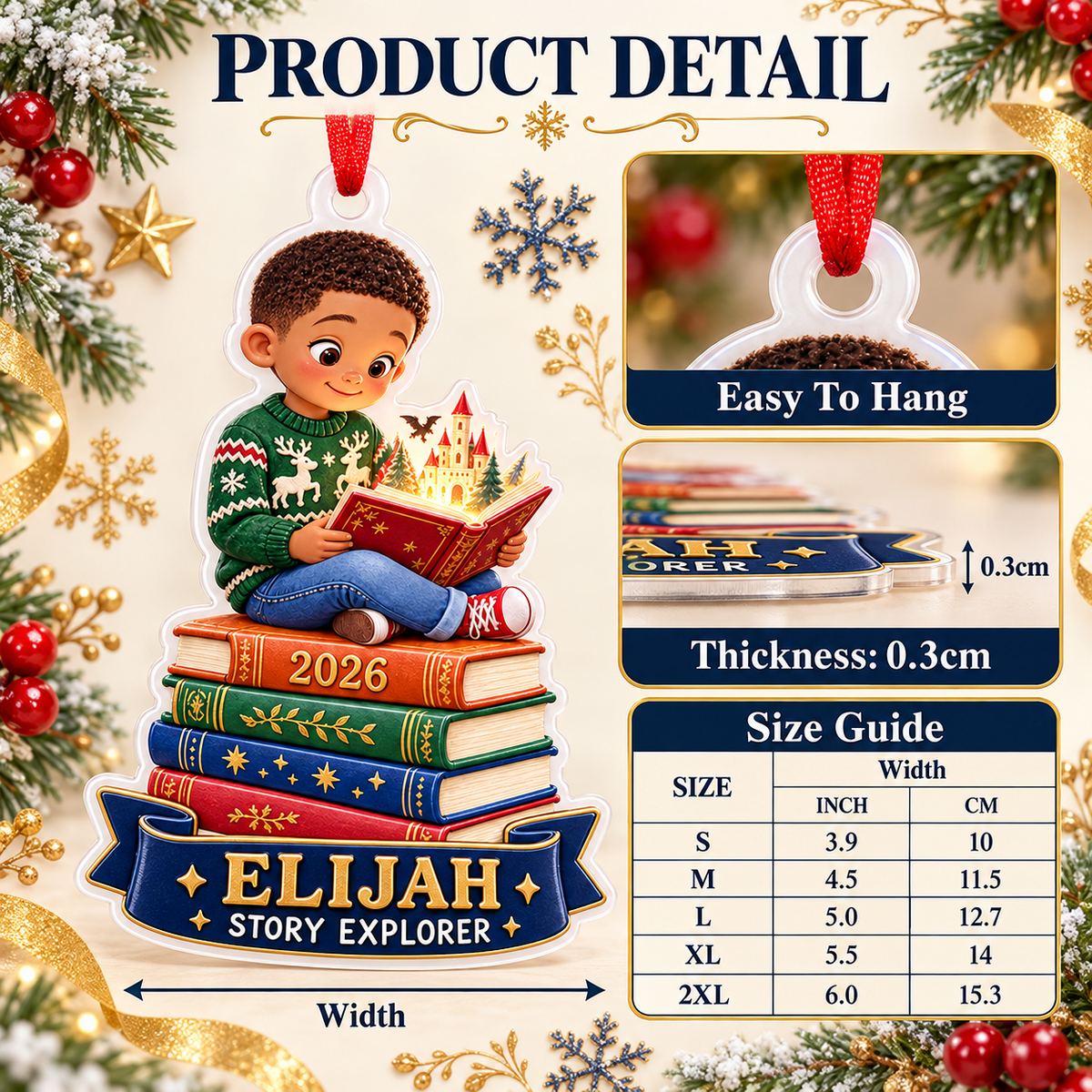 Boy Reading on Stack of Books Acrylic Holiday Keepsake - 3D Relief Ornament