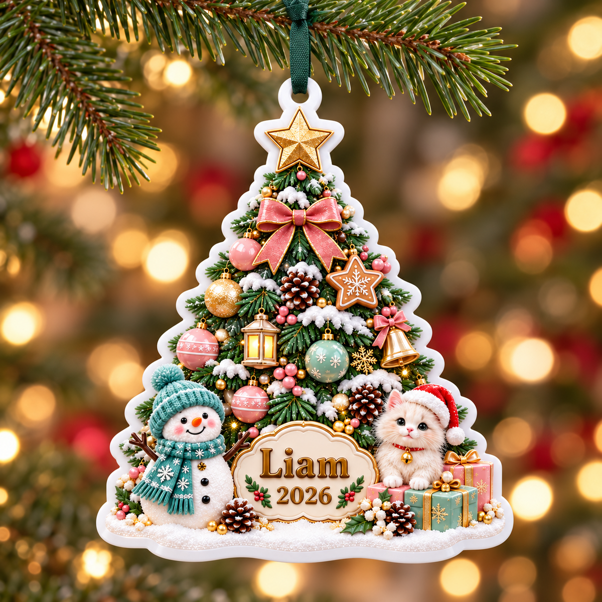 Christmas Tree with Snowman and Kitten Holiday Keepsake Plaque - 3D Relief Ornament