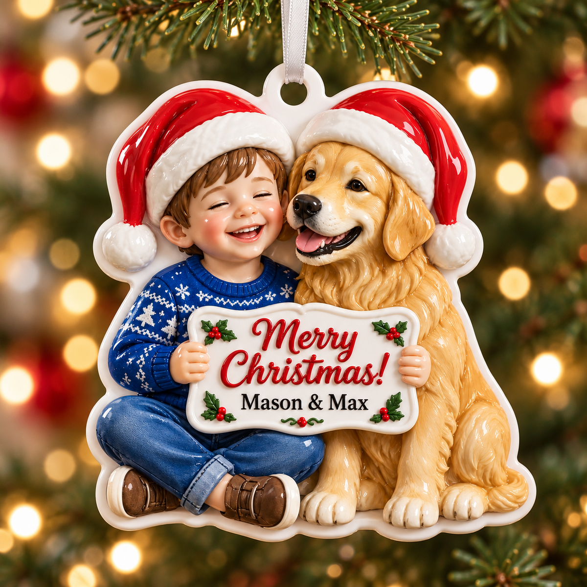 Boy and Golden Retriever Dog with Santa Hats Holiday Keepsake - 3D Relief Ornament