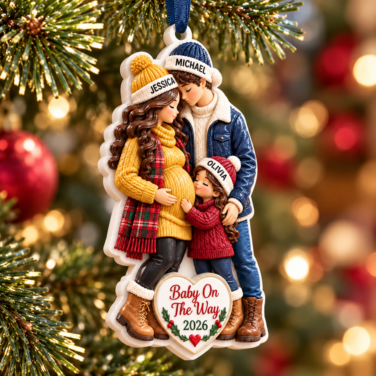 Baby On The Way Expecting Family of Three Holiday Tree Keepsake - 3D Relief Ornament